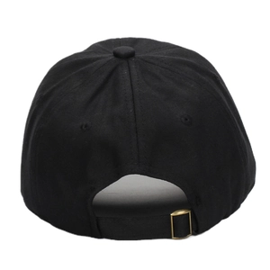 Rear view of black cotton baseball cap with adjustable gold metal buckle on white background