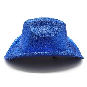 Detail view of the bright blue western cowboy hat with a shimmering glitter finish