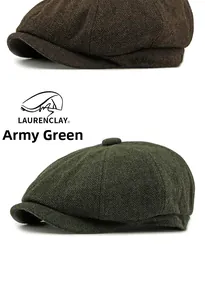 Detailed herringbone texture and stitching on dark brown and army green newsboy caps
