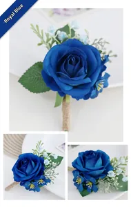 Détail d'une boutonnière en soie rose bleu roi avec ficelle de jute et feuillage vert
