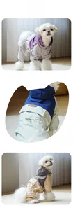 Three color variants of hooded waterproof dog raincoats displayed on a small white dog