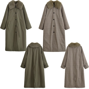 Women Long Trench Coat Detachable Fur Collar Reversible Single Breasted Elegant Outerwear Olive Green Khaki