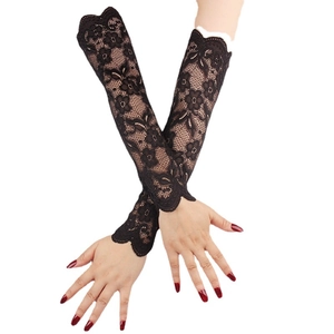 Elegant long black lace cooling arm sleeves with floral pattern and wavy edges for women