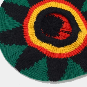 Detail of ribbed knit texture on a Rasta colored beanie with red yellow green patterns