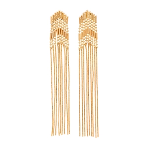 Elegant gold metallic arrow fringe drop earrings featuring long snake chain tassels