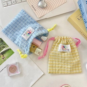 Blue and yellow plaid cotton drawstring storage bags for cosmetics and travel items