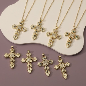 Vintage Copper Zirconia Heart Cross Pendant Necklace Gold Plated O-Chain Religious Religious Cross Jewelry Gift For Women