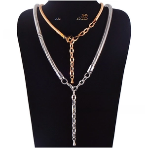 Detail of 4.2mm gold and 6.5mm silver stainless steel snake bone chains on a neck model