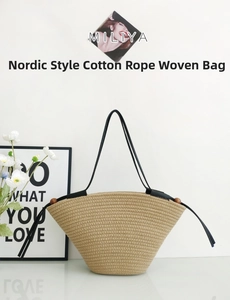 Detailed macro view of woven cotton rope texture with elegant wooden bead accents