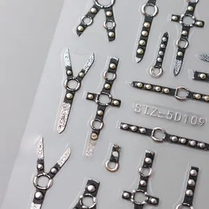 Macro view of 5D embossed punk nail stickers with scissors and cross design STZ-5D109