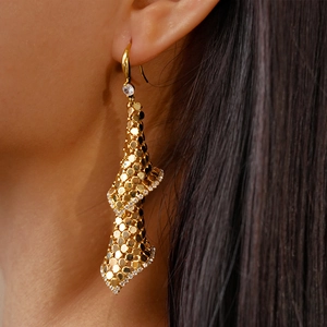 Geometric Rhombus Drop Earrings Gold Plated Copper With Zircon Sparkly Mesh Sequin Stainless Steel Earring Post