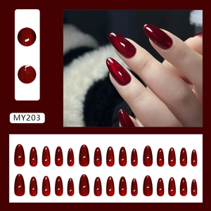 Classic burgundy cat eye press-on nails set with long oval shape and 24pc full set kit