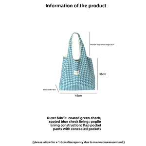 Detailed dimensions of blue checkered tote bag showing 45x35x10cm size and strap height