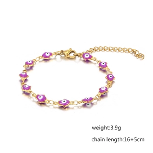Golden stainless steel evil eye hand bracelet with purple enamel charm for women