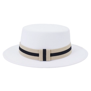 Detail of white wool boater hat featuring a stylish beige and black striped ribbon band