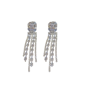 Silver square tassel earrings with cubic zirconia rhinestones on a white background