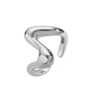 Detail macro of silver irregular fluid line ring with a high polished mirror finish