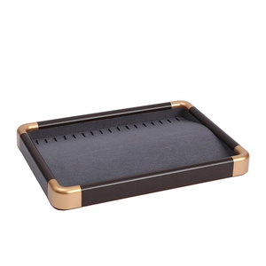 Walnut finish jewelry display tray with 19 slots and gold corners for necklaces
