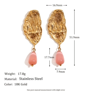 18K gold plated stainless steel drop earrings with butterfly wing texture and pink stones