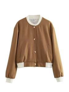 Detail of brown bomber jacket with white ribbed collar and gold snap buttons