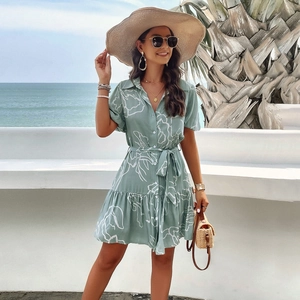 Women Viscose Short Sleeve V Neck Button Down Tie Waist Ruffle Hem Geometric Print Beach Holiday Midi A Line Dress