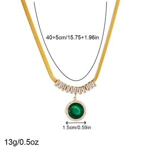 Vintage gold snake chain necklace with green emerald round pendant and cz accents