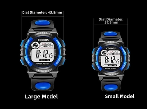 Comparison showing 43.5mm and 37.5mm sizes of blue digital sports watches