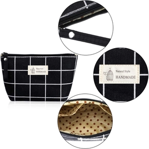 Black and white checkered canvas makeup bag with zipper and handmade style tag