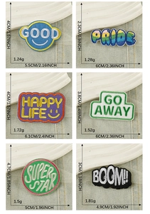 Detailed size and weight specs for cartoon smile, rainbow, and happy life embroidery patches
