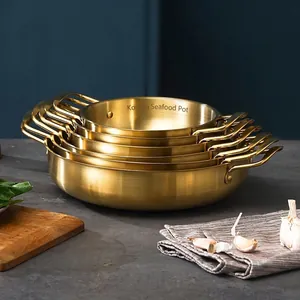 Korean Style Stainless Steel Seafood Hot Pot Flat Bottom Double Handle Gold Silver Ramen Griddle Pan