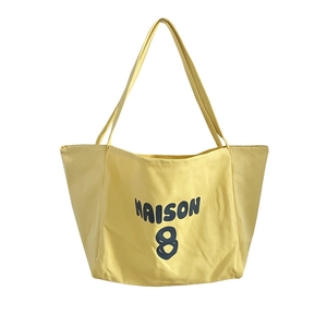 Large bright yellow canvas tote bag with MAISON 8 print and long shoulder handles