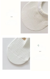 Detail of white cotton low cut socks showing reinforced toe and anti-slip heel design