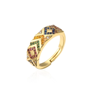 Gold plated geometric ring with colorful pavé cubic zirconia and adjustable open band