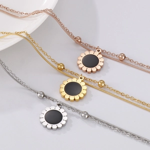 Double Layer Stainless Steel Bracelet Sunflower Pendant Snake Bead Chain Fashion Jewelry Adjustable For Women