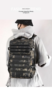 Detail of camouflaged tactical backpack with MOLLE system and adjustable side buckles