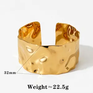 Polished gold hammered stainless steel wide open cuff bracelet 32mm width jewelry