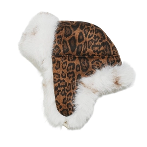 Winter faux fox fur leopard print trapper hat with warm fleece lining and ear flaps