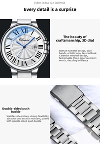 Detail of sunray dial with Roman numerals, blue hands, and stainless steel butterfly clasp