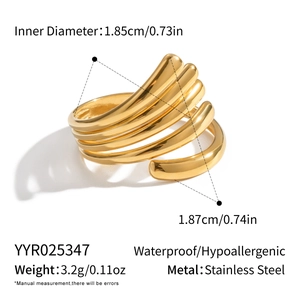 Détails de la bague en acier doré 18K avec dimensions et propriétés imperméables