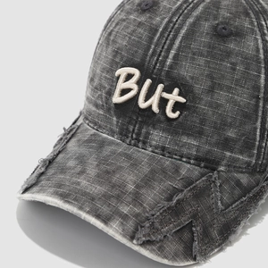 Distressed dark gray washed cotton baseball cap with 3D white But letter embroidery