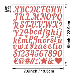 Detailed size specifications for 1 inch glitter red alphabet and number stickers
