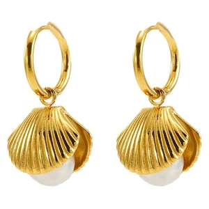 Golden shell hoop earrings with embedded pearl detail for elegant women jewelry style