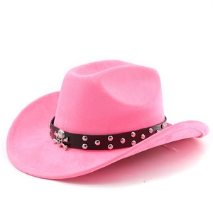 Close-up of pink faux suede cowboy hat with studded leather band and skull logo detail