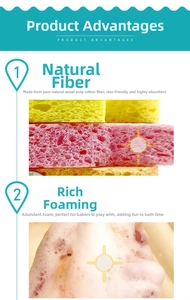 Detail of natural wood pulp sponge showing soft texture and rich foaming for baby bath