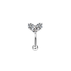 Detailed view of silver heart eyebrow piercing with clear cubic zirconia stones