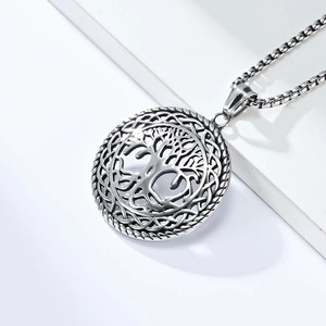 Polished stainless steel Tree of Life pendant necklace with Celtic knot patterns
