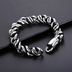 Vintage stainless steel woven spiral bangle for men with heavy polished twisted chain