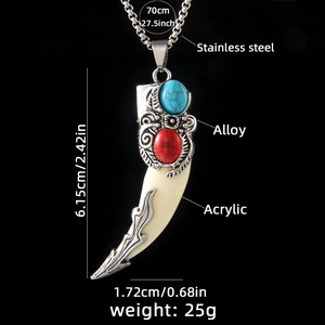 Ethnic wolf tooth pendant necklace in stainless steel and acrylic with size details