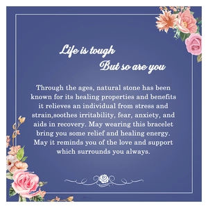 Detailed gift card for natural stone bracelet featuring elegant pink floral patterns