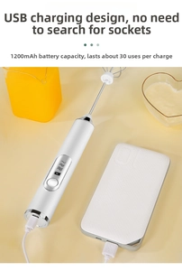 Detail of USB rechargeable electric milk frother showing charging port and battery usage